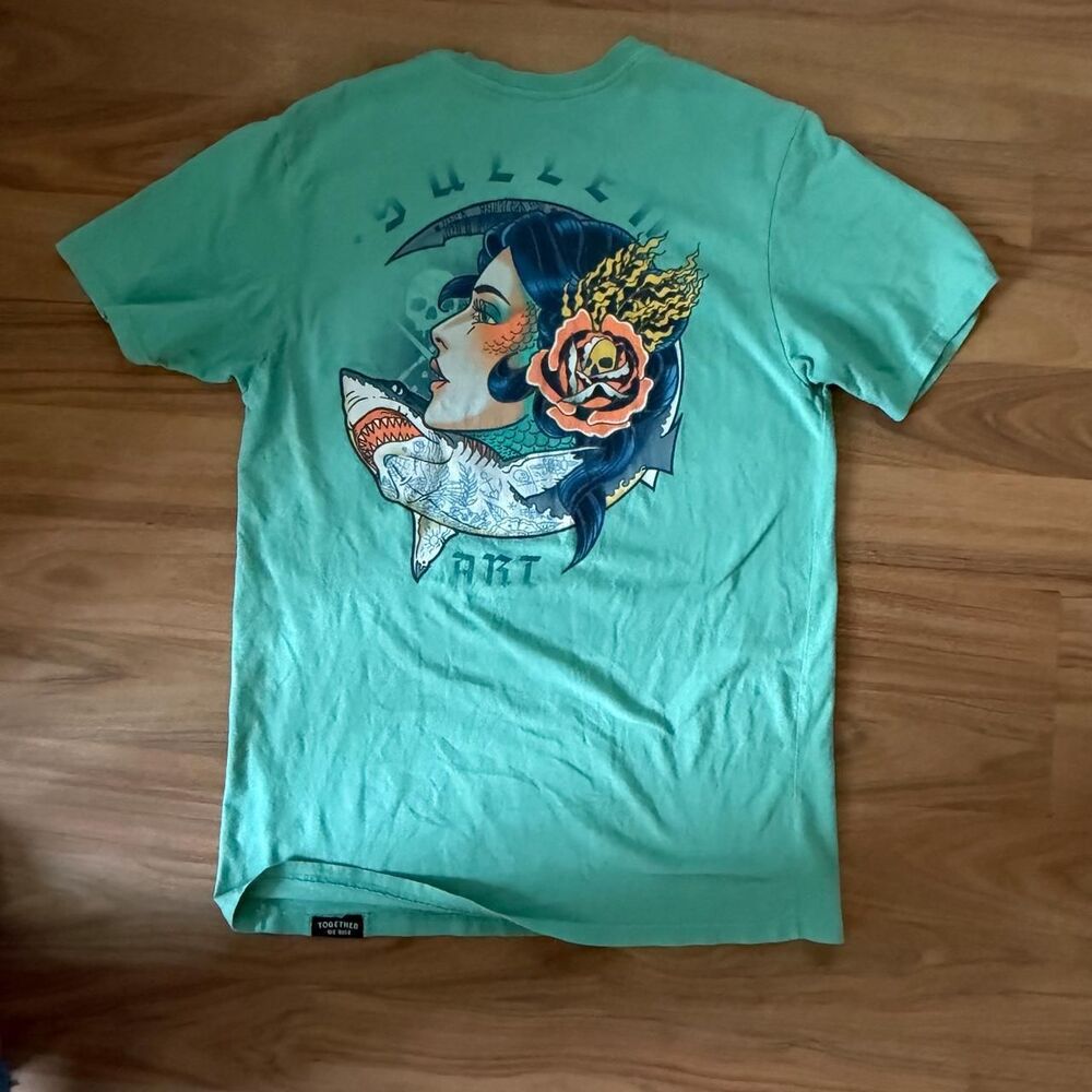 Sullen Art Collective Teal Tattoo Graphic Tee Large Shark Rose
